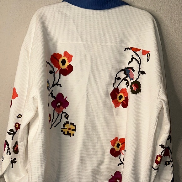 Anthropologie White Floral Embroidered Jacket with Blue Trim - Picture 9 of 11